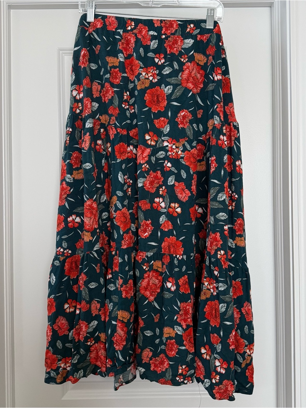 Hayden Dark Green Maxi Skirt with Red Floral Print